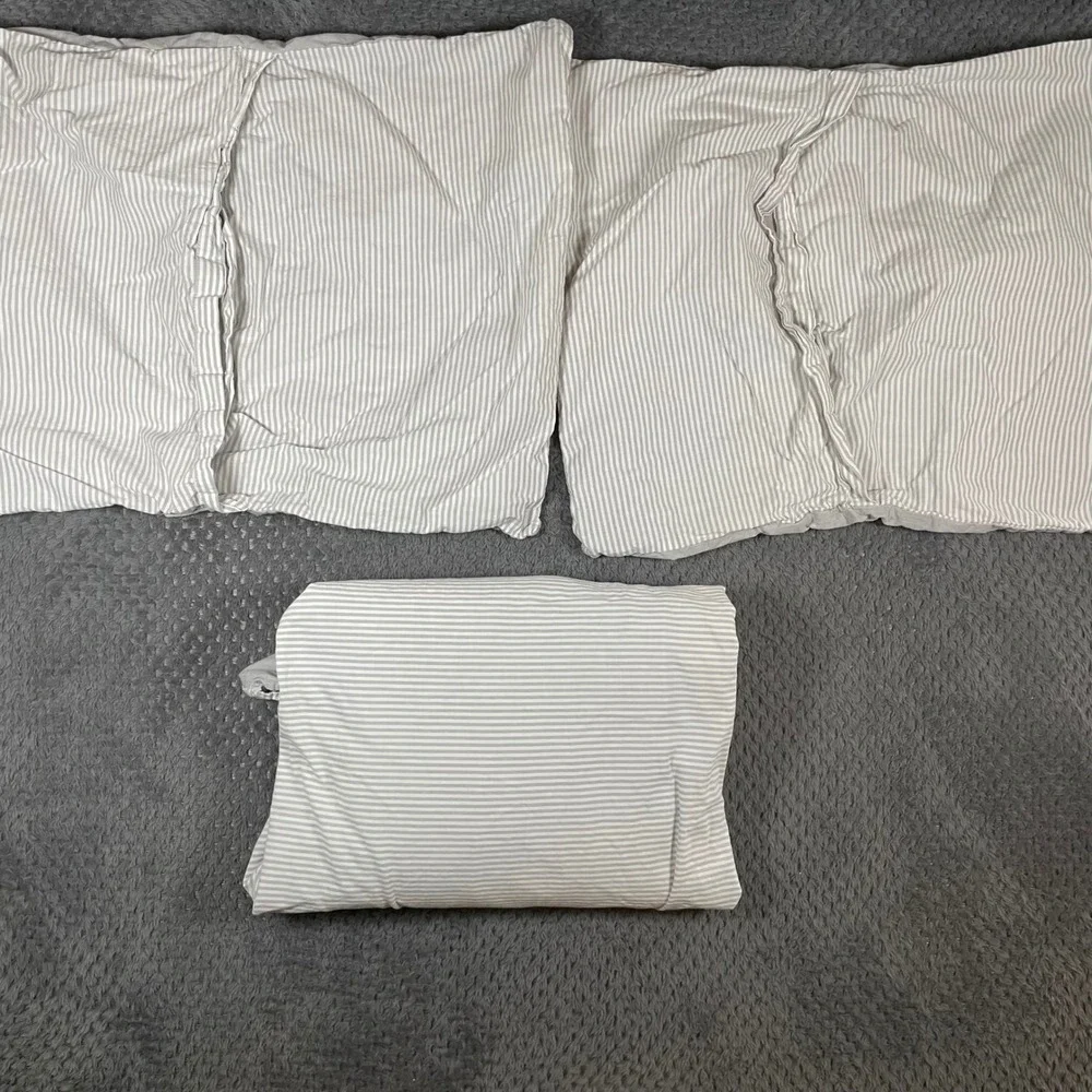 Pottery Barn Kids Gray Striped Duvet Twin Organic Cotton 3pc Set Neutral Unisex
